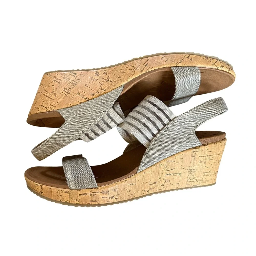 Skechers Luxe Foam Wedge Sandals Womens 10 Taupe Silver Stretch Slingback 31597